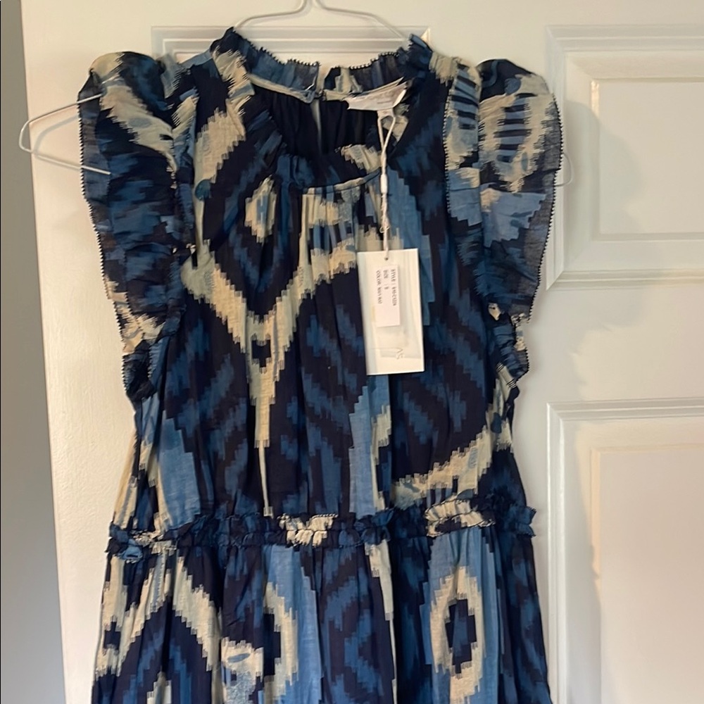Caroline Constas Blue and Cream Midi Dress